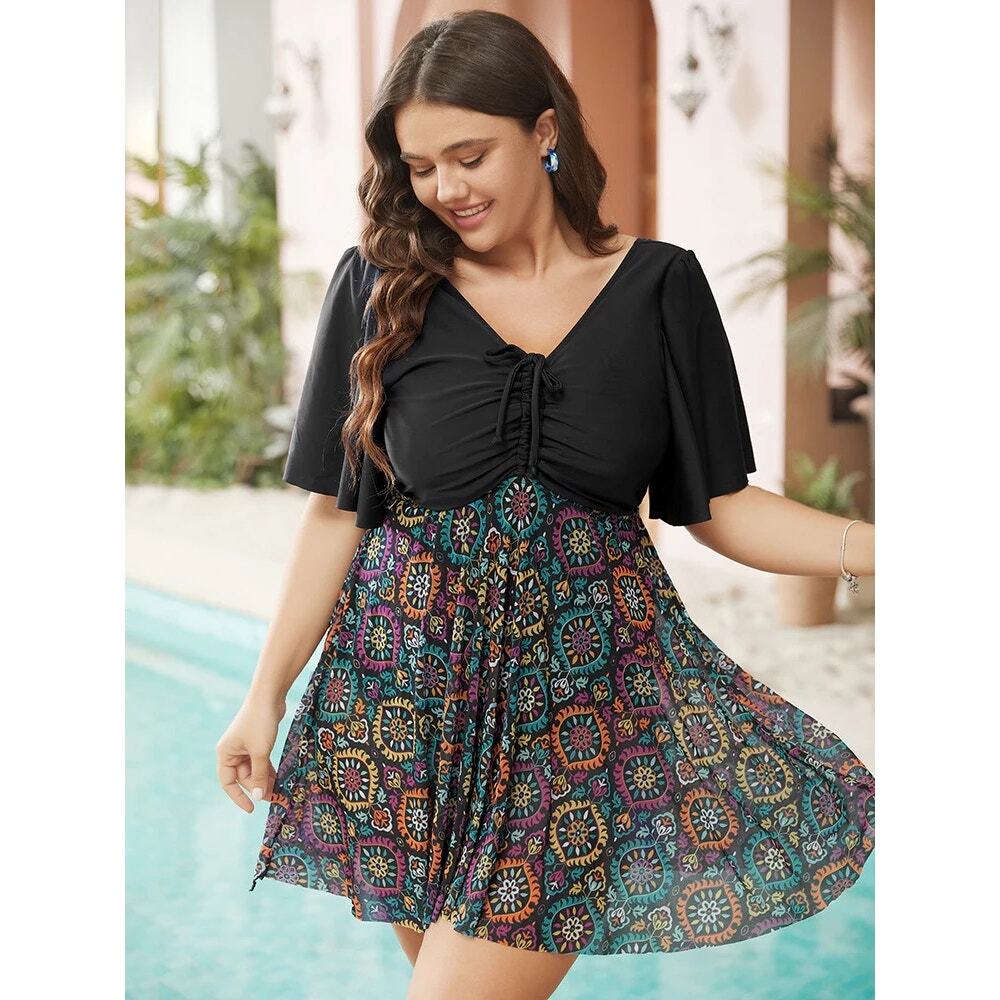 Plus Size BloomChic Paisley Drawstring Ruched Ruffle Sleeve Swim Dress 6X (30)4